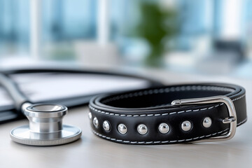 Empty dog collar resting on a veterinary table next to a stethoscope, symbolizing the compassion and responsibility of veterinary care for pets in need of health support, loss, copy space