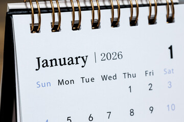 January 2026 monthly calendar page close up, minimal design planner showing days of the week and dates for time management and organization concept