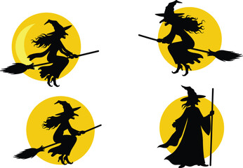 Flying witch silhouette collection, Halloween witch on broomstick with moon background, spooky night magic vector illustration for decoration design