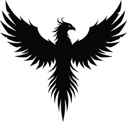 Phoenix bird silhouette, tribal tattoo design, fiery mythical creature, vector art illustration, symbol of rebirth, freedom and strength