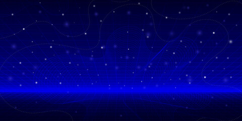 Futuristic blue digital grid background with glowing dots,abstract 3D data lights,Vector background for  hi tech interfaces,metaverse design,virtual space,AI systems,cyber inspired digital content © Anchalee