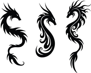 Tribal dragon tattoo designs, mythical creature silhouettes, fantasy art illustration, powerful serpent symbols, Asian dragon vector, mystical creature pattern