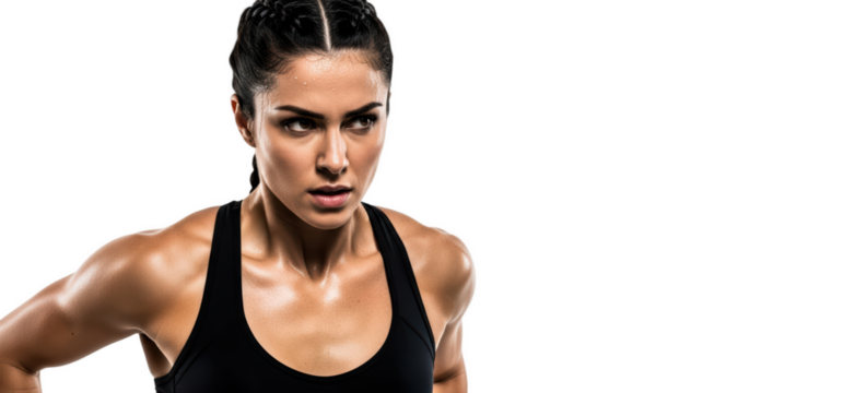 A close-up portrait of a woman with a serious expression, wearing a black sports bra, against transparent background - Powered by Adobe