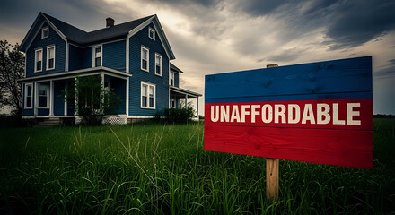 Foreboding blue house with 'Unaffordable' sign evokes housing crisis and economic anxiety