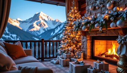 Imagine yourself perched at the top of a cozy, opulent chalet, gazing out over a breathtaking snowy mountain vista shimmering under a clear, azure sky, Inside, a crackling fireplace radiates a warm