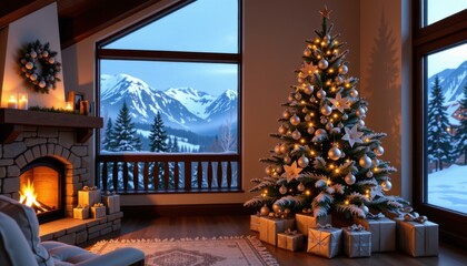 Imagine yourself perched at the top of a cozy, opulent chalet, gazing out over a breathtaking snowy mountain vista shimmering under a clear, azure sky, Inside, a crackling fireplace radiates a warm