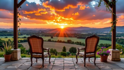 A vibrant summer evening scene viewed from a worm's eye perspective, where two vintage armchairs sit gracefully on a rustic terrace overlooking a sprawling countryside