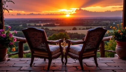 A vibrant summer evening scene viewed from a worm's eye perspective, where two vintage armchairs sit gracefully on a rustic terrace overlooking a sprawling countryside