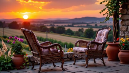 A vibrant summer evening scene viewed from a worm's eye perspective, where two vintage armchairs sit gracefully on a rustic terrace overlooking a sprawling countryside