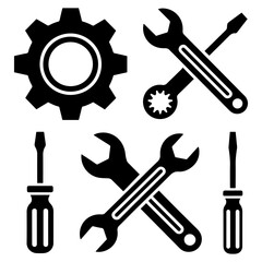 black mechanical tools gear vector icon set