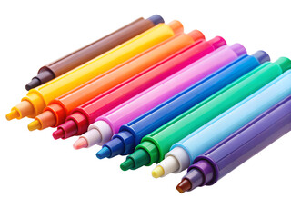 A collection of colorful markers arranged in a row, isolated on transparent background
