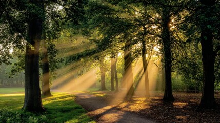 Obraz premium forest, nature, sun, tree, trees, landscape, light, green, sunlight, morning, woods, fog, park, wood, path, summer, mist, spring, jungle, misty, road, water, natural, autumn, leaf