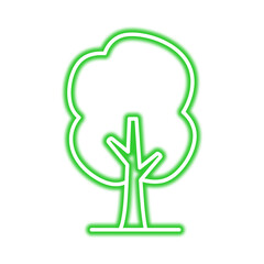 Fototapeta premium A bright green neon outline of a stylized tree, featuring a rounded canopy and a simple trunk design, isolated on a white background.