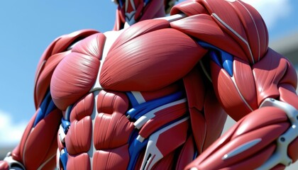 A stunning 3D rendered, medically precise illustration of an American football players muscular system, captured in a dynamic close up from an exaggerated forced perspective