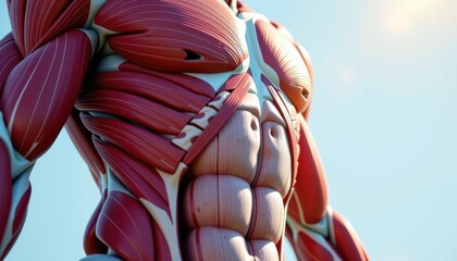A stunning 3D rendered, medically precise illustration of an American football players muscular system, captured in a dynamic close up from an exaggerated forced perspective