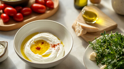 Inviting food scene with a creamy dip, tomatoes, bread, and herbs. Perfect for a light, delicious appetizer or snack. Fresh ingredients on a white surface.