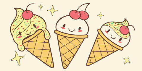 Adobe Illustrator ArtworkHand Drawn Vector Illustration of Cute Ice Cream Cones – Adorable Dessert Art, Summer Sweet Treat Clipart, Cartoon Ice Cream Cone Design for Posters, Stickers, and Kids Menu G