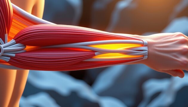 A hyper realistic, medically precise illustration of the extensor indicis muscle, depicted from a dramatic worm's eye view and a pelling first person perspective