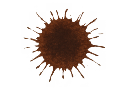 Brown paint splattering, creating abstract art liquid stain or blot on transparent background