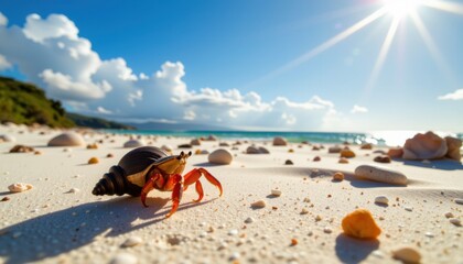A serene white sand beach stretching gently under a luminous, soft glow that bathes the scene in warm, golden hues, In the foreground, a tiny hermit crab with intricate, textured legs and vivid