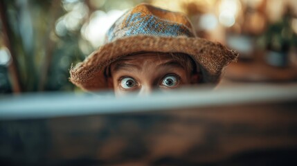 Curious person peeking over a wooden surface while wearing a straw hat in a cozy, sunlit setting