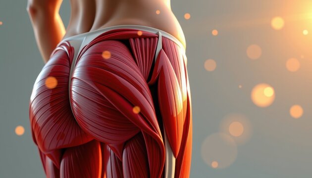 A stunning 3D rendered, medically precise illustration of a womans rectus femoris muscle, captured with an eye level perspective from a panoramic vantage point that emphasizes bold clarity and depth
