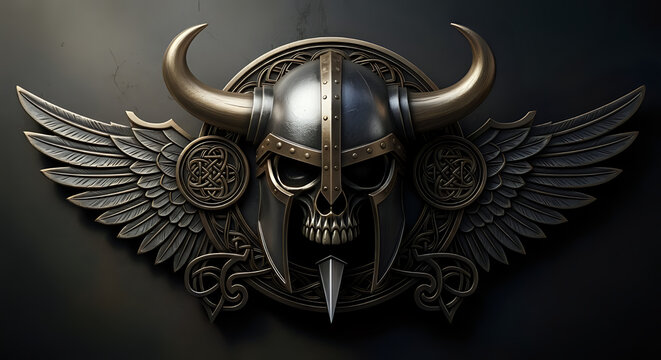 Powerful Viking skull helmet emblem with intricate wings and knotwork, symbolizing strength and heritage