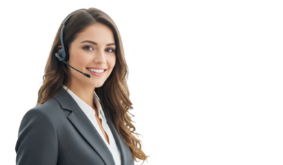 A smiling woman wearing a headset and a business suit, against transparent background