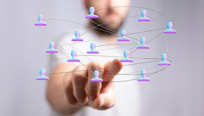 Abstract design of digital network with virtual people, concept of teamwork, connection and communication. Technology and community concept.