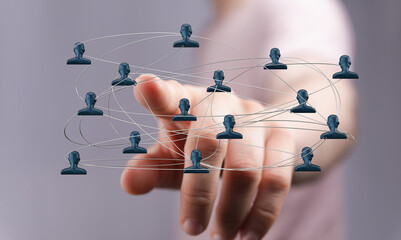 Abstract concept of online connection, global networking and social interactions. Conceptual digital network with human icons and human hand tou