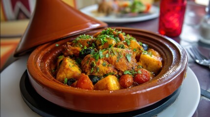 Delicious Moroccan chicken tagine served with vegetables in a traditional pot during lunch at a restaurant