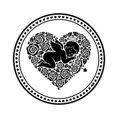 Vector art of cupid with bow and arrow in heart of roses icon