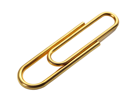 A single shiny gold paperclip isolated on transparent background