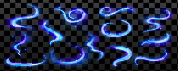 Magic wind swirl effect in icy tones. Blue sparkle lines and wave light create wind flow and crystal ice swirl magic effect. © Анжелика Полтавец