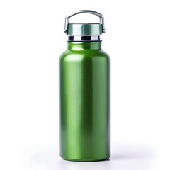 A shiny green metallic water bottle with a silver cap and handle, isolated on white background