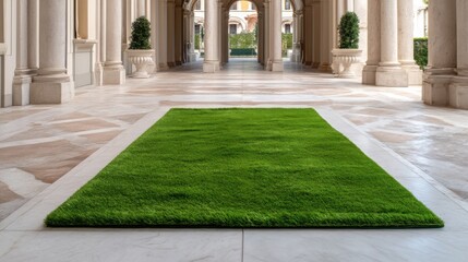 Vibrant green grass carpet placed in a grand architectural space with elegant columns and archways