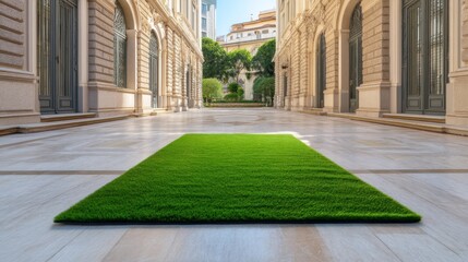 Lush green carpet of grass contrasts with elegant marble floor in a refined architectural space