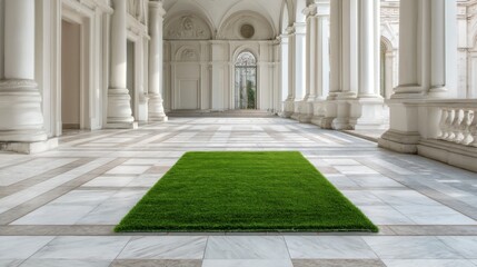 Green grass mat placed in an elegant indoor space with white columns and marble floor showcasing a blend of nature and architecture
