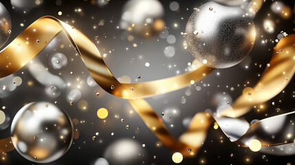 Festive composition with golden ribbons and silver balls on a sparkling background