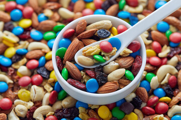 Colorful trail mix with nuts dried fruits and candy coated chocolates in a white bowl with spoon on a background of assorted mixed snacks