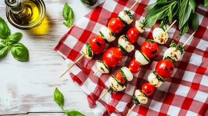 Delicious tomato and mozzarella skewers on a picnic table with fresh basil