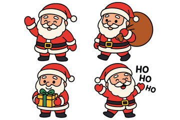 Four adorable cartoon santas in different festive poses with gifts