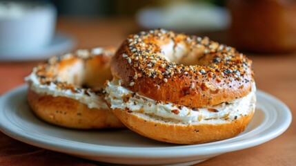 Fresh bagels with cream cheese served on a neutral plate in a cozy setting