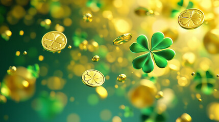 Lucky four-leaf clover among gold coins and sparkling lights