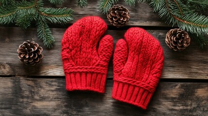 National Red Mitten Day: Pair of bright red wool mittens laying on weathered wooden table next to pine cones and evergreen branches, cozy winter aesthetic