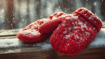 National Red Mitten Day: a pair of bright red knitted mittens resting on a snowy wooden bench, soft winter sunlight, detailed snow texture, cozy holiday atmosphere