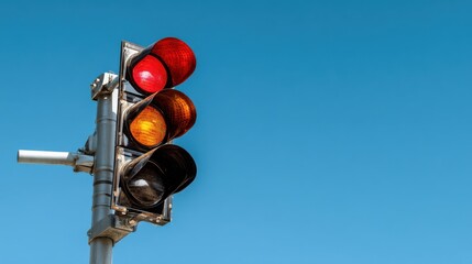 Traffic light showing red, yellow, and green signals against a clear blue sky during daylight