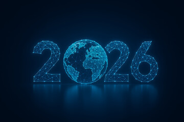 Futuristic 2026 text with glowing wireframe earth globe symbolizes global business connection, network communication, digital world technology, international collaboration, and future innovation