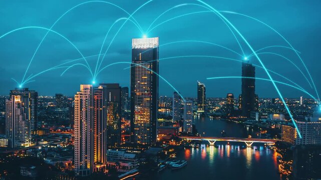 Smart digital city with connection network reciprocity over the cityscape . Concept of future smart wireless digital city and social media networking systems that connects people within the city .