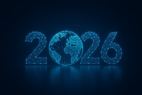 Futuristic 2026 text with glowing wireframe earth globe symbolizes global business connection, network communication, digital world technology, international collaboration, and future innovation